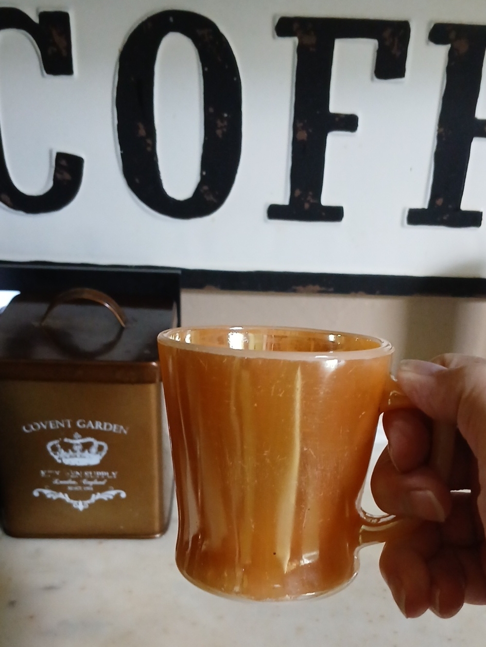 Vintage Anchor Hocking Fire-King "Peach Lustre" D-handle milk glass mug
